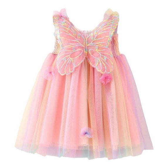 FAOWME Toddler Girls Sleeveless Butterfly With Wing Tie Dye Rainbow Tulle Holiday Dress Dance Party Dresses Sundress Pink 5-6 Years