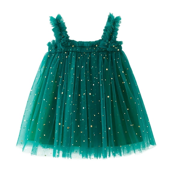 FAOWME Toddler Girls Sleeveless Star Moon Tulle Holiday Dress Dance Party Princess Dresses Sundress Green 4-5 Years