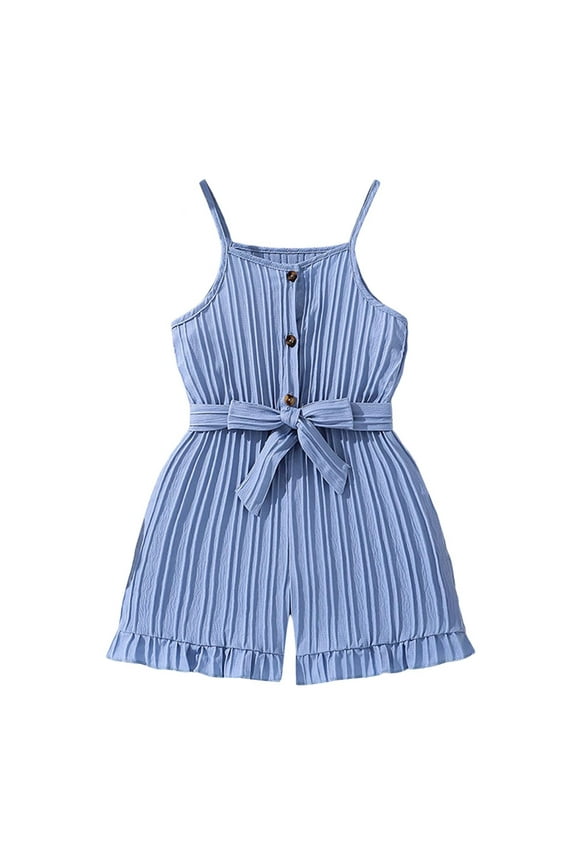 Toddler Girls Summer Fashion Solid Color Pleated Sleeveless Jumpsuit Onesie Bow Knot Blue 4-5 Years