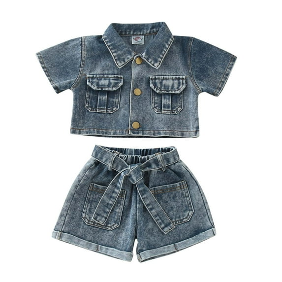 FAOWME Toddler Girls Summer Short Sleeved Denim Tops Solid Color Shorts With Belt 3pcs Jean Suit Outfits A 3-4 Years