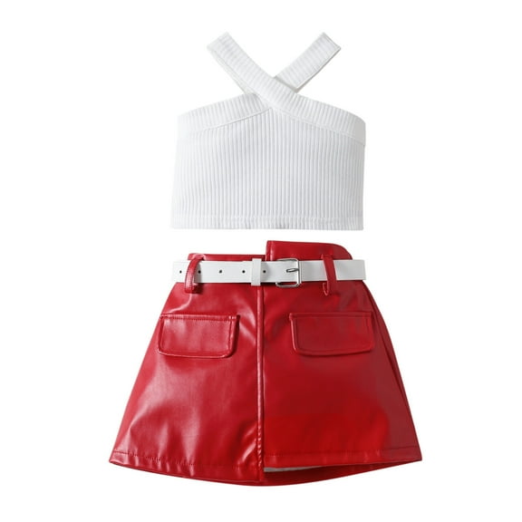 FAOWME Toddler Kids Baby Girls Strap Sleeveless Ribbed T-Shirt Tops PU Leather Skirts With Belt 3PCS Summer Outfits Clothes Set Red 2-3 Years
