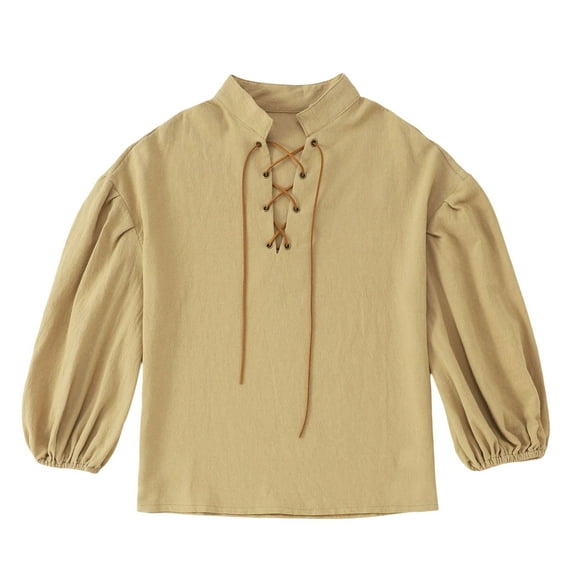 FAOWME Toddler Kids Boys Solid Color Lace Up Summer Vintage Long Sleeve Shirt Tops Clothes Khaki 13-14 Years