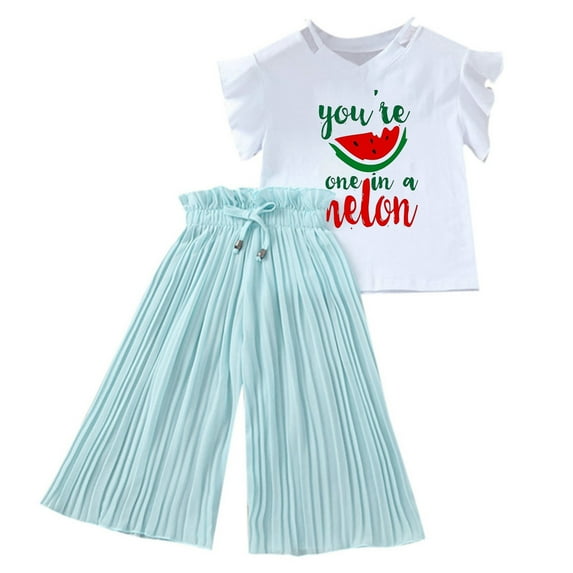 FAOWME Toddler Kids Girls Clothing Sets Summer Sunflower T-Shirt Tops Chiffon Ruched Casual Loose Pants Outfits Children Clothes Sky Blue 10-12 Years