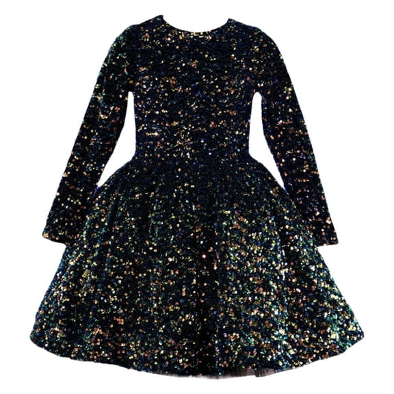 FAOWME Toddler Kids Girls Cute Sequin Glitter Party Carnival Gown Princess Formal Dress Navy 5-6 Years