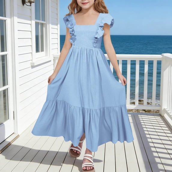 FAOWME Toddler Kids Girls Dress Flying Sleeve Square Neck Solid Color Backless Comfortable Fashion Dresses For Casual Daily Wear,Blue,12-13 Years