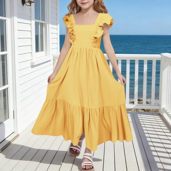 FAOWME Toddler Kids Girls Dress Flying Sleeve Square Neck Solid Color Backless Comfortable Fashion Dresses For Casual Daily Wear,Yellow,14-15 Years