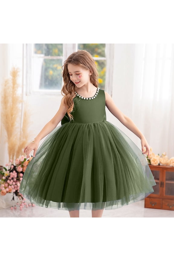 Toddler Kids Girls Dress Sleeveless Round Neck Solid Color Comfortable Fashion Mesh Tutu Dresses For Wedding And Stage Performance,Army Green,4-5 Years