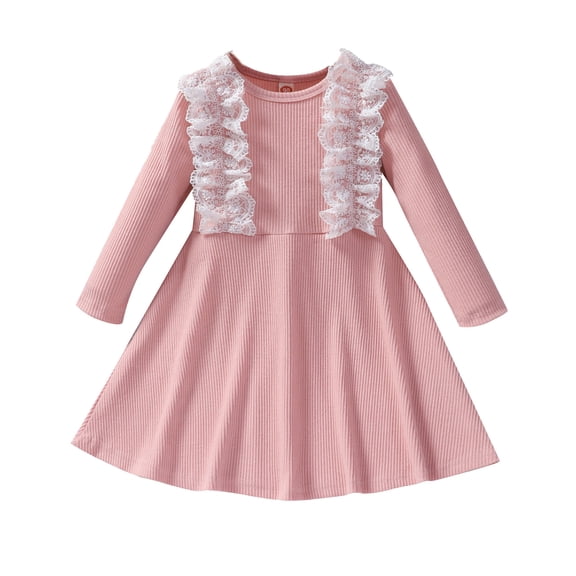 FAOWME Toddler Kids Girls Fashionable Lace Long Sleeves Ribbed Princess Dress Pink 5-6 Years