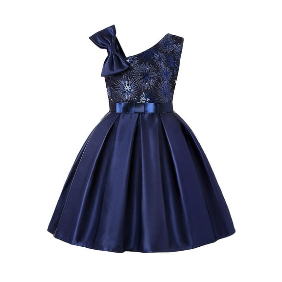 FAOWME Toddler Kids Girls Prints Sleeveless Party Hoilday Frocks Court Style Bowknot Dress Princess Sundress Blue 7-8 Years