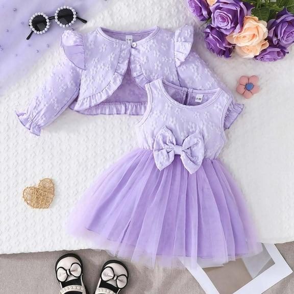 FAOWME Toddler Kids Girls Set Long Sleeve Cardigan And Sleeveless Flower Print Bow Mesh Dress Comfortable Fashion Outfit For Daily Wear,Purple,6-9 Months