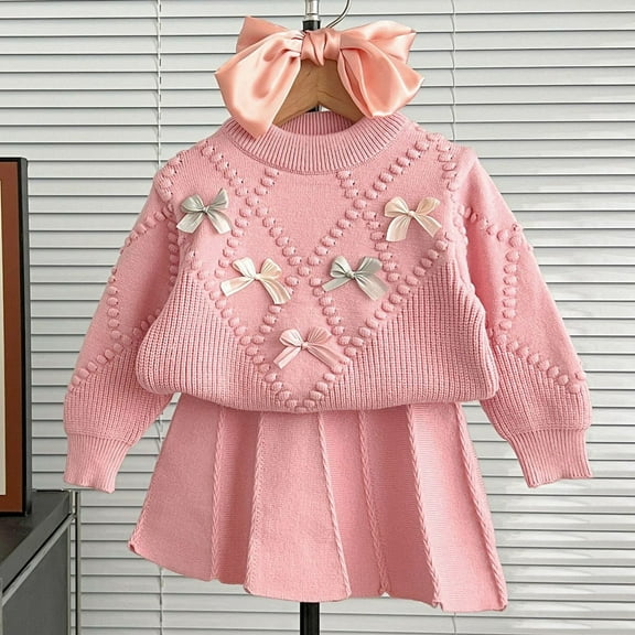 FAOWME Toddler Kids Girls Set Two Piece Long Sleeve Bow Embroidery Knit Sweater And Pleated Skirts Fashion Comfortable Warm Outfit For Full Winter Daily Wear,Red,4-5 Years