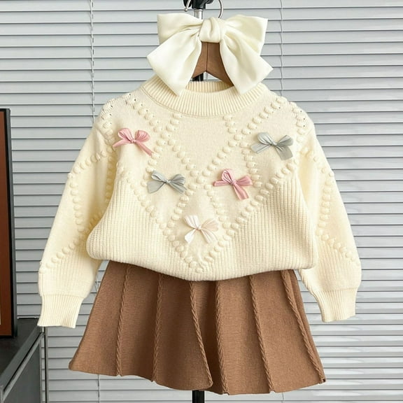 FAOWME Toddler Kids Girls Set Two Piece Long Sleeve Bow Embroidery Knit Sweater And Pleated Skirts Fashion Comfortable Warm Outfit For Full Winter Daily Wear,White,2-3 Years