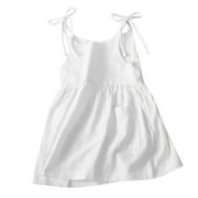 FAOWME Toddler Kids Girls Solid Color Cotton Linen Pockets Sleeveless Beach Straps Dress Princess Sundress White 5-6 Years