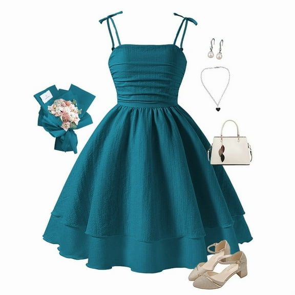 FAOWME Toddler Kids Girls Summer Dress Solid Color Bow Tie Sleeveless Cute Casual Comfortable Dresses For Daily Wear Party,Dark Green,12Y