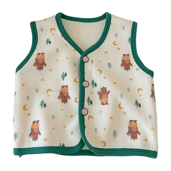 FAOWME Toddlers Boy Girl Vest Sleeveless V Neck Cartoon Pattern Thick Buttons Plush Lined Soft Comfortable Warm Top For Autumn Winter Daily Wear,Light Green,3-4 Years