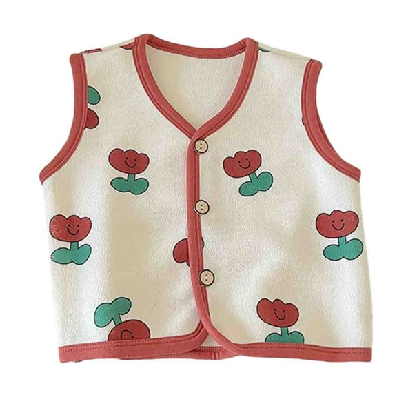 FAOWME Toddlers Boy Girl Vest Sleeveless V Neck Cartoon Pattern Thick Buttons Plush Lined Soft Comfortable Warm Top For Autumn Winter Daily Wear,Watermelon Red,5-6 Years
