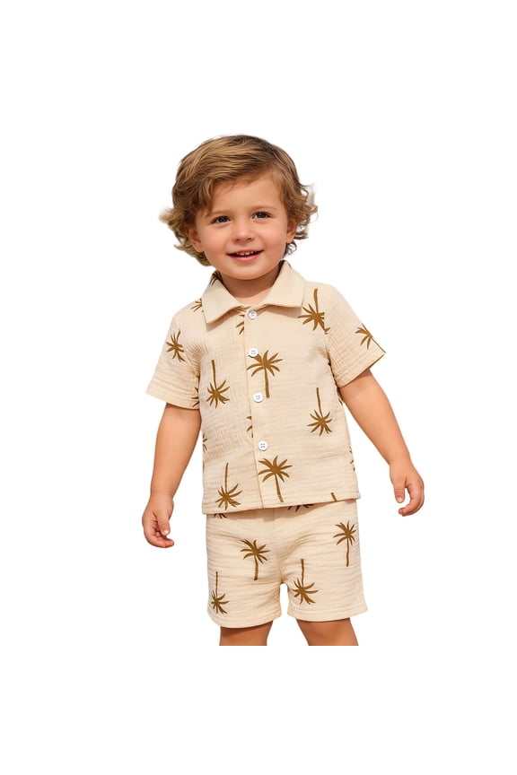 Toddlers Kids Boys Summer Outfit Coconut Tree Print Short Sleeve Lapel Shirt And Shorts Comfortable Fashion Two Piece Sets For Daily Wear,Multicolour,2-3 Years