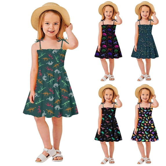 FAOWME Toddlers Kids Girls Summer Dress Sleeveless Spaghetti Strap Dinosaur Prints Comfortable Fashion Dresses For Everyday Wear,Navy,2-3 Years