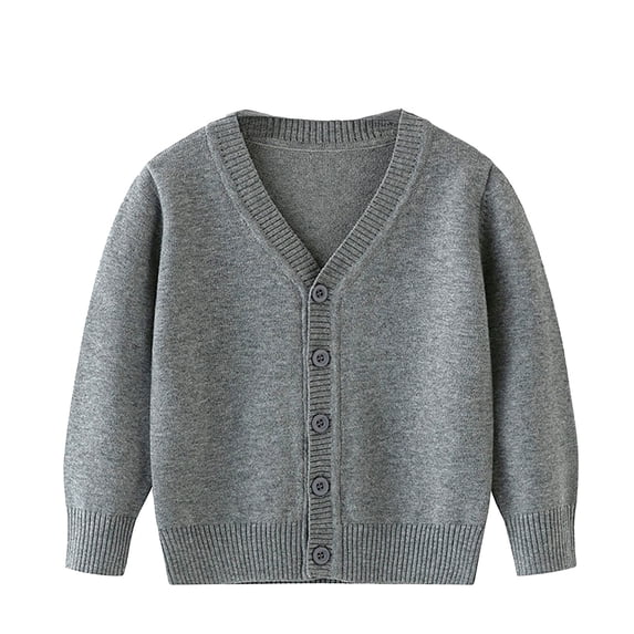 FAOWME Unisex Boy Girls Cardigans Sweater V Neck Long Sleeve Button Solid Color Knit Sweater Knitwear For 2 10 Years Grey 5-6 Years