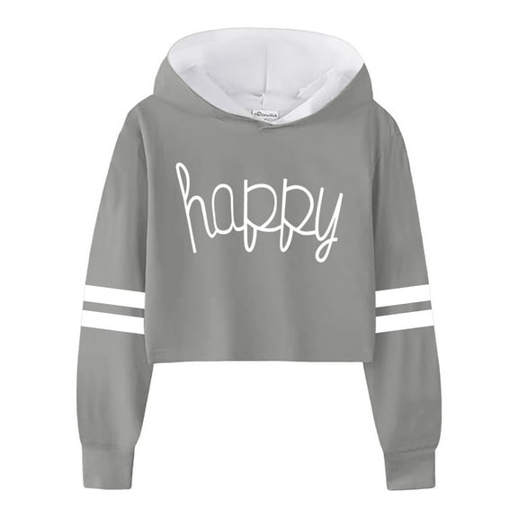 FAOWME Vacation Kids Casual Loose Active Full Sleeves Hoodies Sweatshirts Hooded Short Pullover Letter Print Striped Teen Crop Tops Girls Tops Grey 4-5 Years