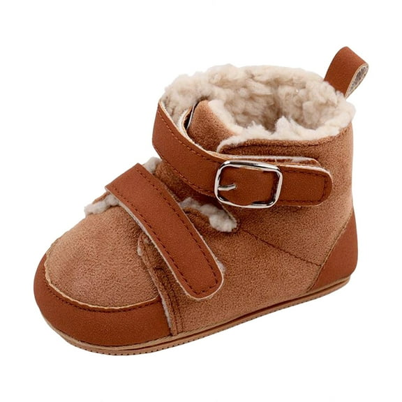 FAOWME Versatile Solid Color Baby Cotton Shoes Winter Plush Thickened Soft Sole Children Girls Boys Warm Short Boots Brown 12-18 Months