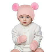 FAOWME Warm Caps Girl Boy Hooded Winter Scarf Kids Hat Cap Scarf Knit Baby Pink 3-18 Months