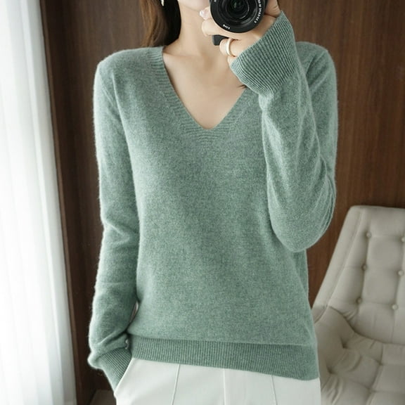 FAOWME Women Base Sweater Tops V Neck Long Sleeve Solid Color Knitted Slim Comfortable Bottoming Shirt Tee For Autumn And Winter,Light Green,M