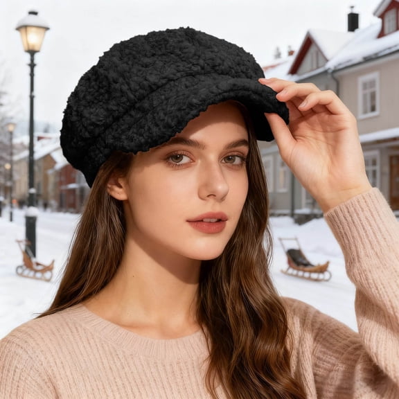 FAOWME Women Baseball Cap Solid Color Wide Brim Plush Comfortable Fashion Warm Hat For Autumn Winter Daily Wear Black One Size