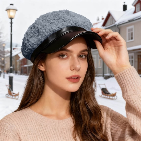 FAOWME Women Berets Color Block Wide Brim Plush Comfortable Fashion Warm Hat Cap For Autumn Winter Daily Wear Grey One Size