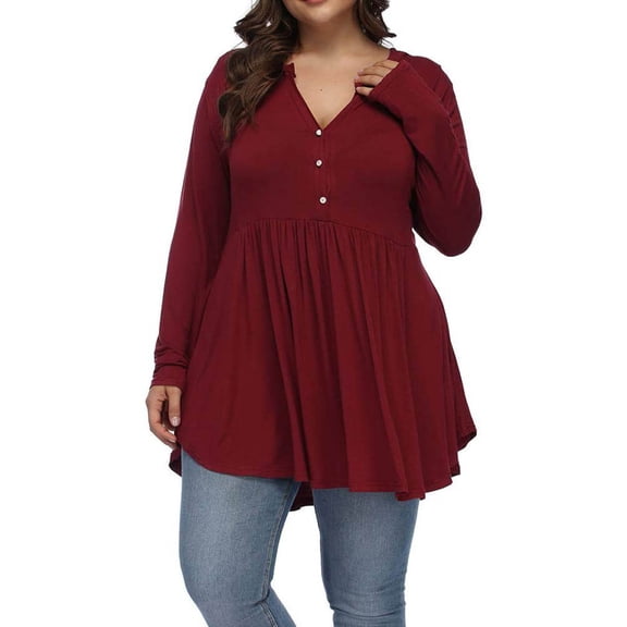 FAOWME Women Blouse Long Sleeve V Neck Solid Color Button Comfortable Casual Pullover Top For Daily Wear Wine L