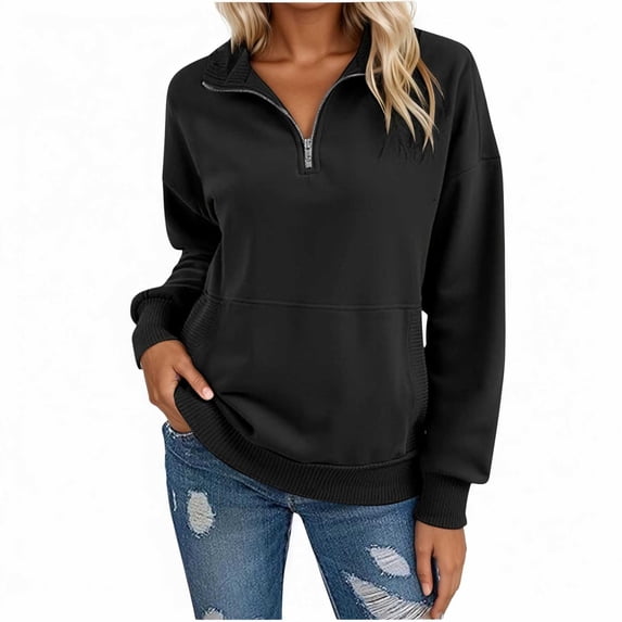 FAOWME Women Casual Pullover With Pocket Long Sleeve Zipper Lapel Solid Color Comfortable Fashion Soft Sweatshirt For Fall Winter Daily Wear Black L