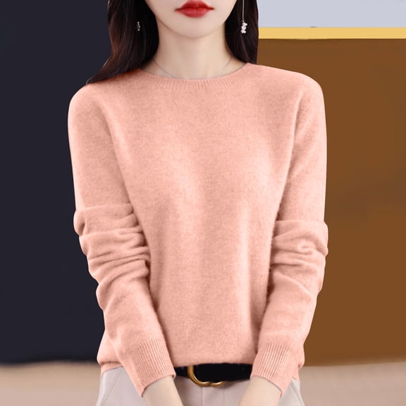 FAOWME Women Casual Sweater Tops Round Neck Long Sleeve Solid Color Knitted Slim Comfortable Bottoming Shirt Tee For Autumn And Winter,Pink,M