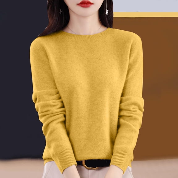 FAOWME Women Casual Sweater Tops Round Neck Long Sleeve Solid Color Knitted Slim Comfortable Bottoming Shirt Tee For Autumn And Winter,Yellow,L