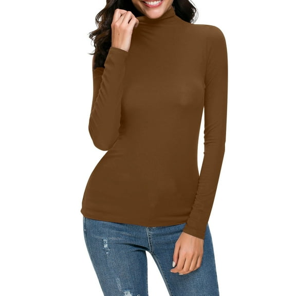 FAOWME Women Casual Tops Long Sleeve Turtleneck Solid Color Stretchy Slim Fit Elegant Basic Tee For Daily Wear,Brown,Xl