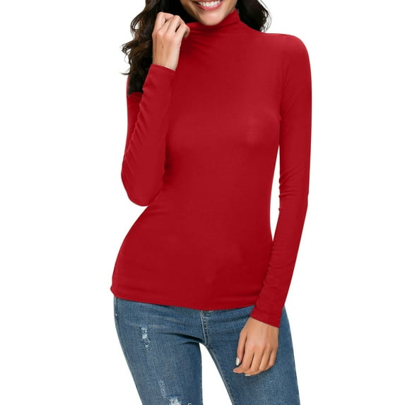 FAOWME Women Casual Tops Long Sleeve Turtleneck Solid Color Stretchy Slim Fit Elegant Basic Tee For Daily Wear,Red,L