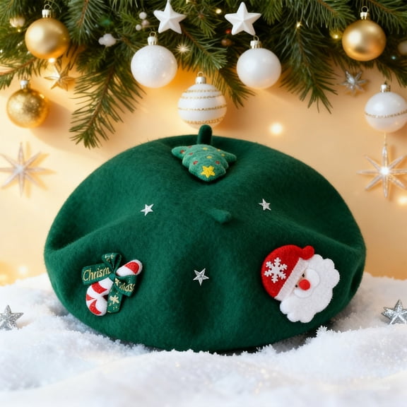 FAOWME Women Christmas Berets Cute Santa Claus Design Comfortable Fashion Warm Hat Cap For Autumn Winter Daily Wear And Holiday Party Green One Size