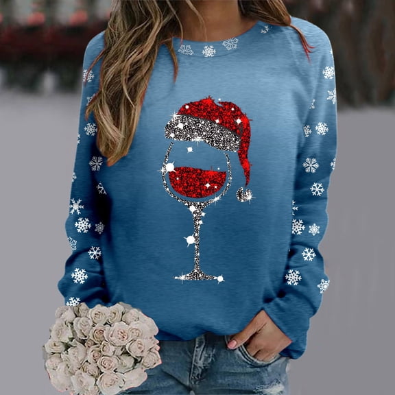 FAOWME Women Christmas Pullover Long Sleeve Round Neck Snowflake Print Comfortable Fashion Soft Sweatshirt For Fall Winter Daily Wear Blue M