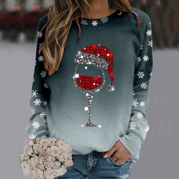 FAOWME Women Christmas Pullover Long Sleeve Round Neck Snowflake Print Comfortable Fashion Soft Sweatshirt For Fall Winter Daily Wear Dark Gray Xl
