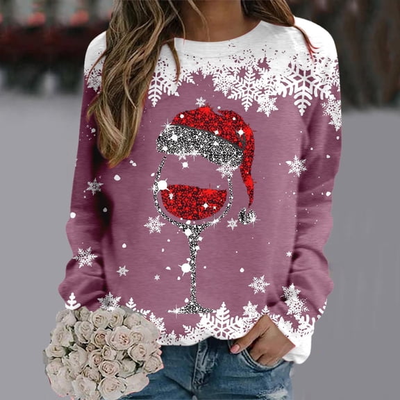 FAOWME Women Christmas Pullover Long Sleeve Round Neck Sweatshirt Cute Snowflake Graphic Fashion Comfortable Pullover Sweatshirts For Autumn Winter Daily Wear Hot Pink Xl