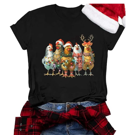 FAOWME Women Christmas T Shirt Short Sleeve Round Neck Cute Animal Printing Casual Loose Fit Comfortable Top For Daily Wear Black Xl