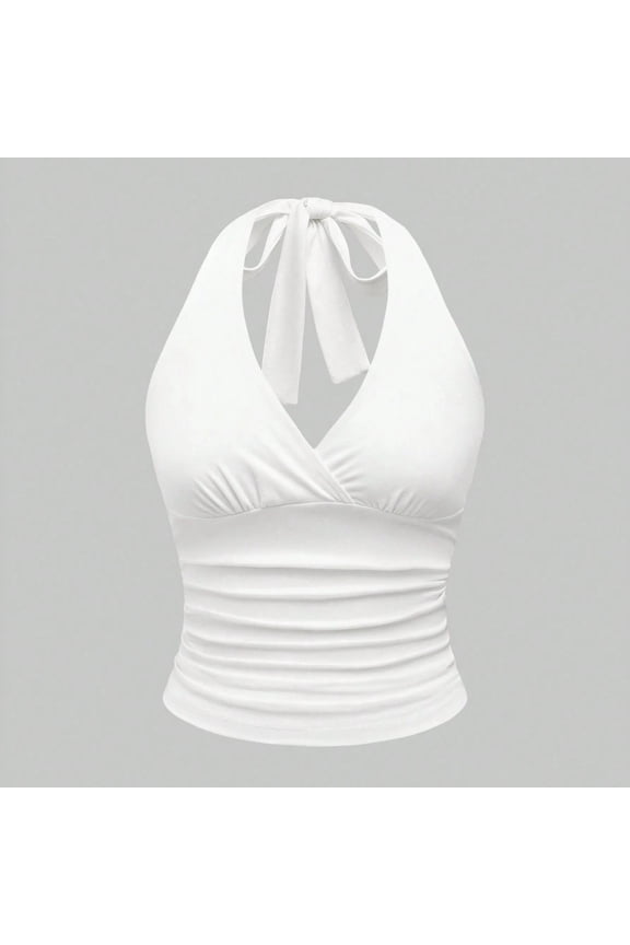 Women Crop Top Sleeveless Halter Neck V Neck Leopard Print Retro Style Comfortable Fashion Tank Top For Daily Wear White S