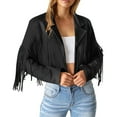thumbnail image 1 of FAOWME Women Fringe Cropped Coats Long Sleeve Turndown Collar Solid Color Slim Fit Comfortable Fashion Jackets For Casual Daily Wear,Black,L, 1 of 9