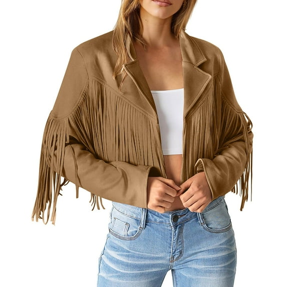 FAOWME Women Fringe Cropped Coats Long Sleeve Turndown Collar Solid Color Slim Fit Comfortable Fashion Jackets For Casual Daily Wear,Brown,Xl