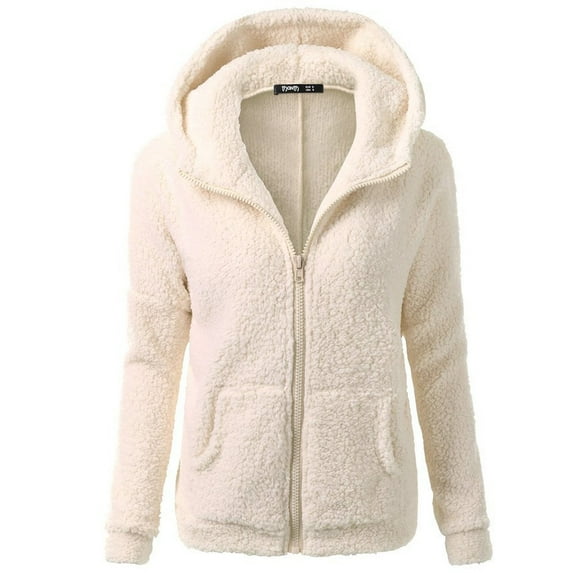 FAOWME Women Fuzzy Hooded Coat With Pocket Long Sleeve Solid Color Zipper Loose Casual Warm Jacket For Autumn Winter Daily Wear,Beige ,L