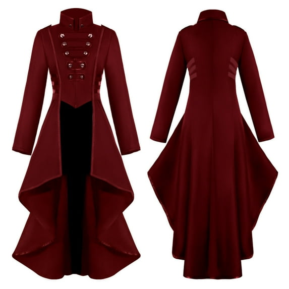 FAOWME Women Halloween Jacket Long Sleeve Stand Collar Button Solid Color Slim Comfortable Elegant Tailcoat For Stage Performance,Red,Xxl