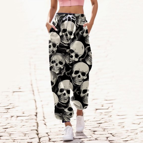 FAOWME Women Halloween Sweatpants With Pockets Skull Print Drawstring Elastic Waist Ankle-Tied Comfortable Sports Pants Trousers,Grey,L