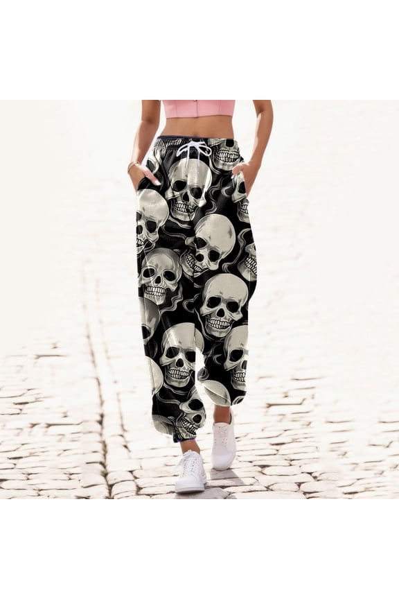 Women Halloween Sweatpants With Pockets Skull Print Drawstring Elastic Waist Ankle-Tied Comfortable Sports Pants Trousers,Grey,Xl