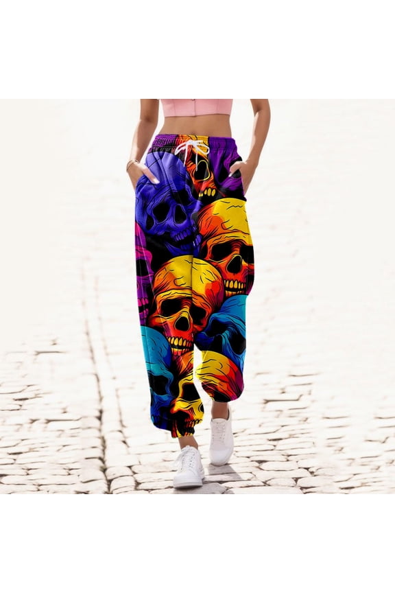 Women Halloween Sweatpants With Pockets Skull Print Drawstring Elastic Waist Ankle-Tied Comfortable Sports Pants Trousers,Purple,L