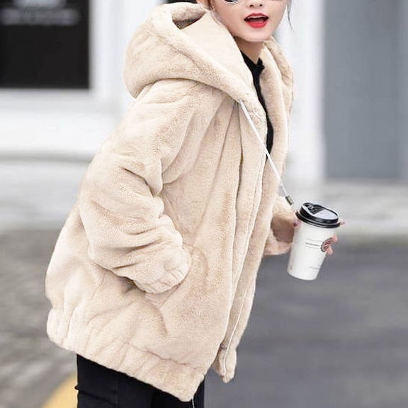 FAOWME Women Hooded Fuzzy Coat With Pocket Long Sleeve Solid Color Zipper Drawstring Comfortable Warm Jacket For Fall Winter Outerwear Beige L=2