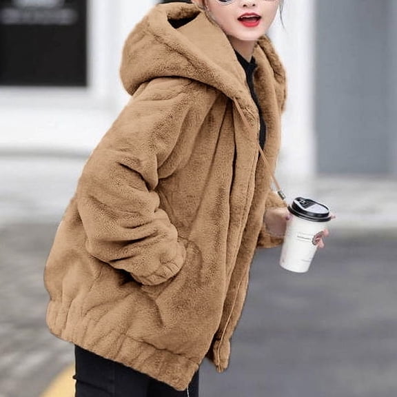 FAOWME Women Hooded Fuzzy Coat With Pocket Long Sleeve Solid Color Zipper Drawstring Comfortable Warm Jacket For Fall Winter Outerwear Khaki L=2